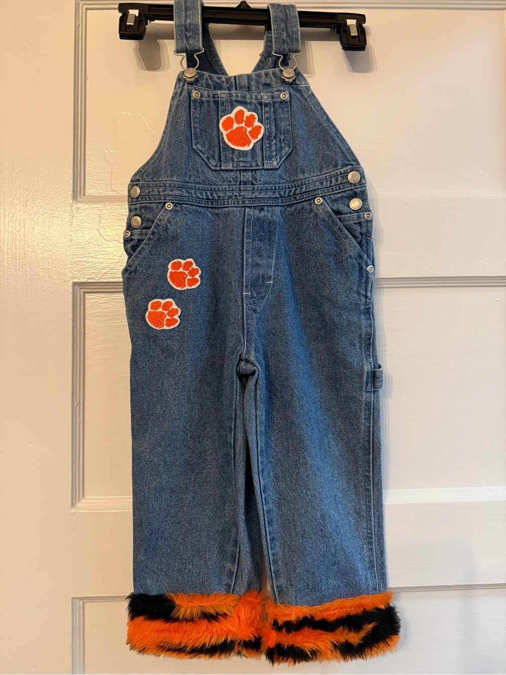 2T Clemson Tigers Denim Overalls Orange Paw Print Faux Fur Cuffs Toddler
